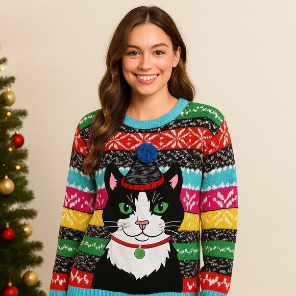 Holiday Hype Cat Christmas Sweater Pom Pom Hat Multicolor Fair Isle Festive Sz L - Picture 1 of 11